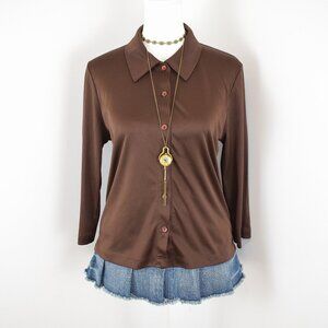 VTG 00s Y2K LA Movers Brown Satin Pointed Collar 3/4 Sleeve Button Up Blouse